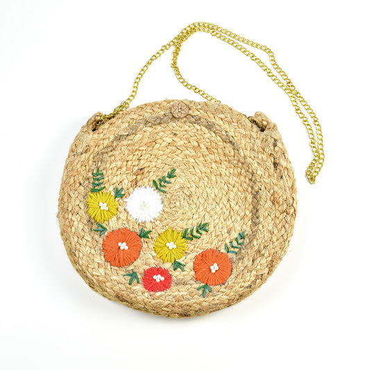 Floral Embroidered Jute & Macrame Round Sling bag
